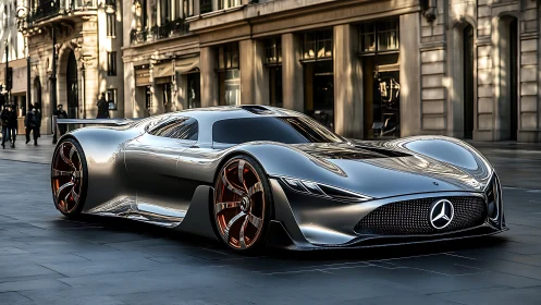 Aerodynamic urban hypercar with reflective metallic surfacing.