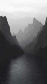 Monochrome fjord corridor with layered atmospheric perspective and mist