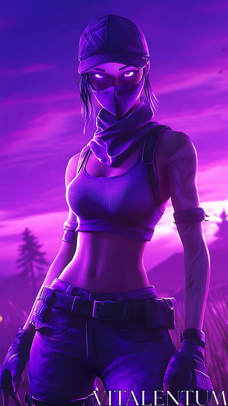 Masked purple fighter stands in glowing neon field.