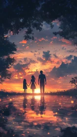 Silhouetted family at sunset beside glowing reflective lake.