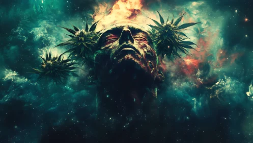 Cosmic ember deity crowned with astral cannabis blooms.