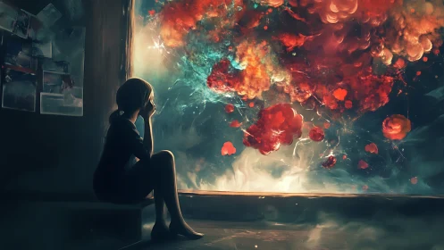 Quiet dreamer watching a storm of painted cosmic clouds.