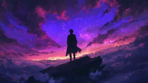 Silhouette stands on cliff beneath vivid purple sunset sky