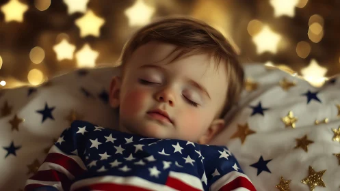 Sleeping Infant with Luminous Bokeh and Patriotic Textile Elements.