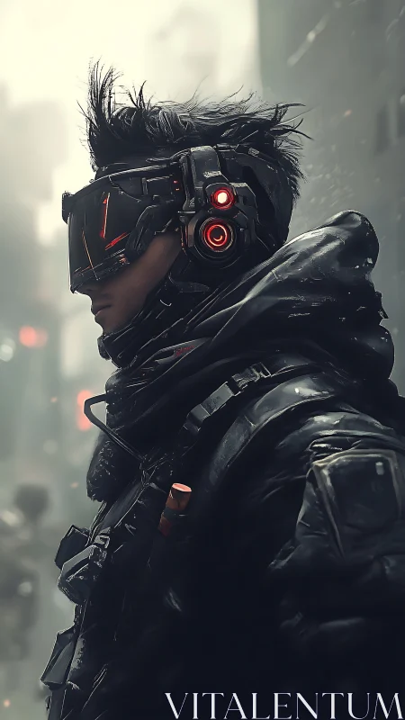 Cybernetic recon operative in neon HUD visor, snow haze