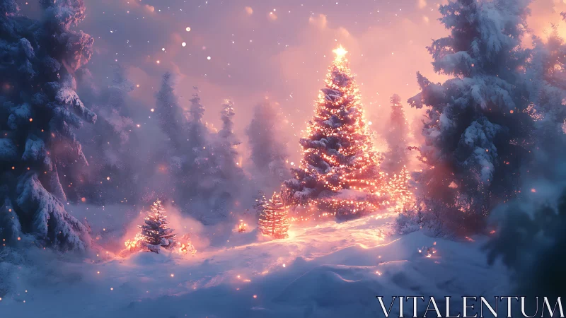 Illuminated fir grove in snowy twilight, golden bokeh glow