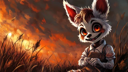 Digital painting of fox-eared child in blazing sunset field.