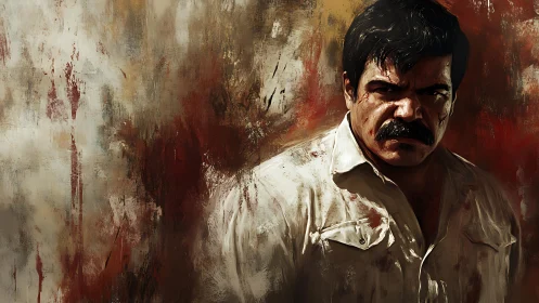 Intense mustached man against rough abstract backdrop.