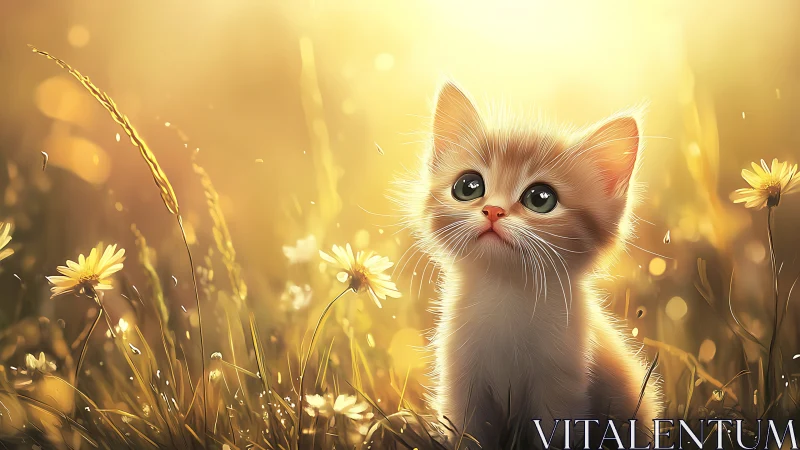 Cream Tabby Kitten in Golden Hour Meadow with Backlighting.
