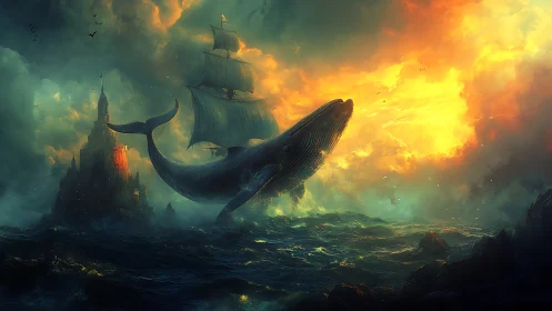Colossal whale galleon surges through stormlit fantasy sea.