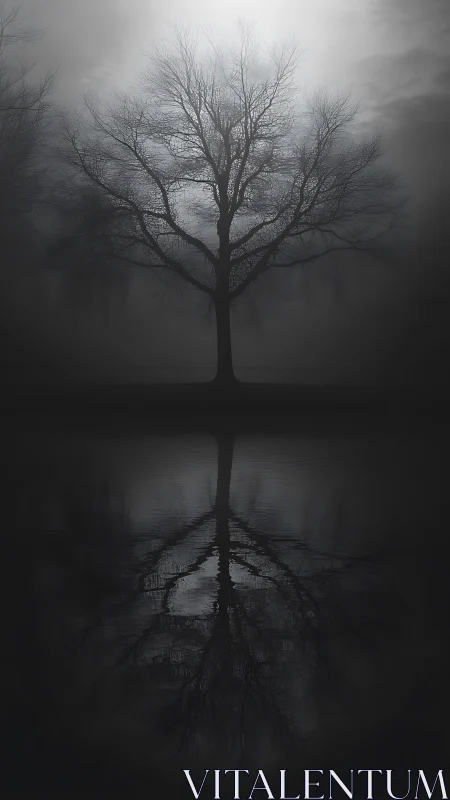 Backlit leafless tree forms symmetrical reflection in misty water