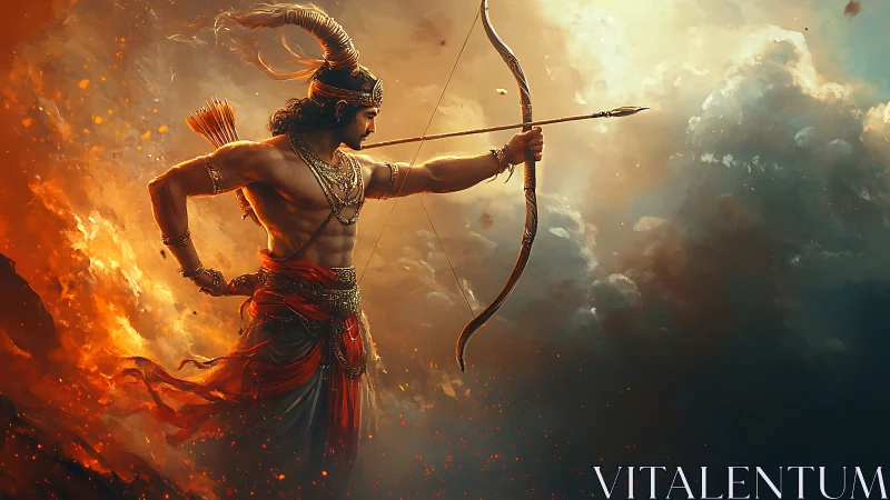 Heroic archer poised between fire and stormlit sky.