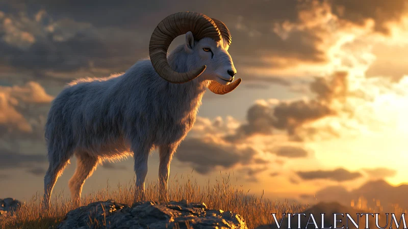 Mountain ram stands on rocky grassland at sunset light