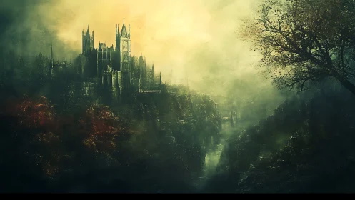 Gothic stone citadel above misted river gorge at dusk.