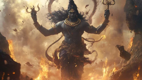Storm-forged deity strides through cascades of cosmic fire.