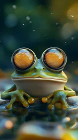 Photorealistic macro frog portrait with exaggerated glassy eyes.
