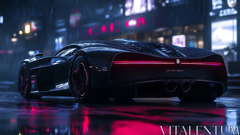 Futuristic hypercar cuts neon reflections through night rain.