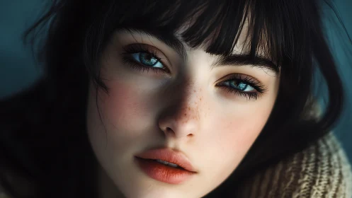 Soft blue gaze in quiet, dreamy portrait close-up.