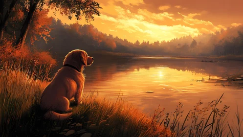 Golden retriever watches tranquil lakeside sunset glow.