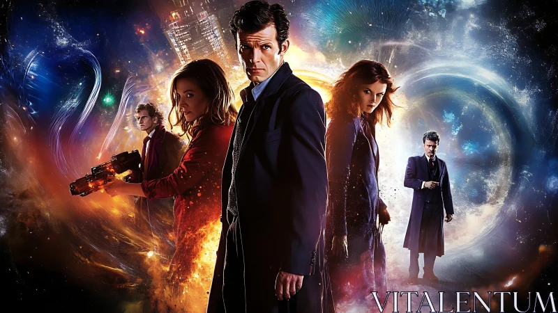 Time-travel heroes framed by cosmic vortex energy fields.