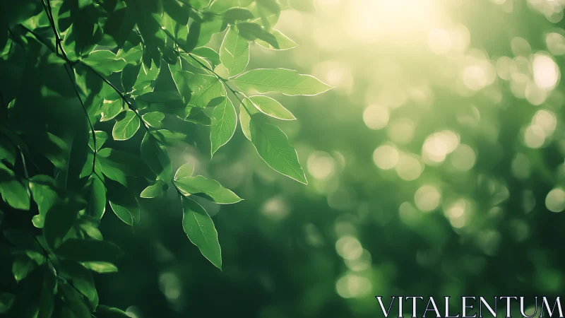 Sunlit leaves drift softly into a glowing green hush