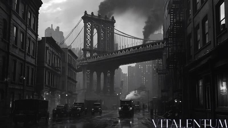 Moody noir view of bridge and vintage city street scene.