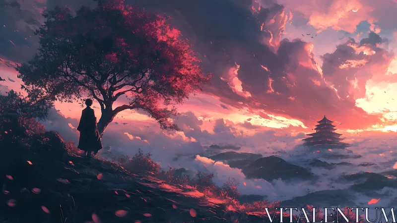 Samurai silhouette at crimson sunrise above cloud temple.