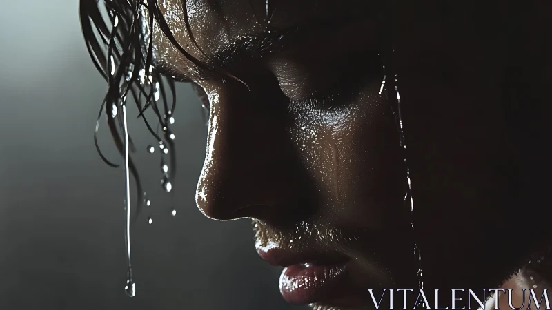 Glimmering raindrops on a quiet, contemplative profile.