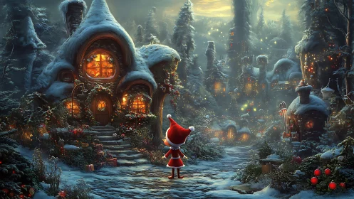 Snow-covered village with character in red outfit at dusk.