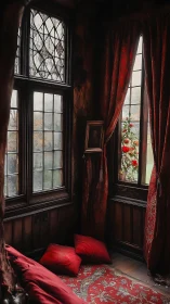 Moody red window nook captures rainlit gothic interior corner