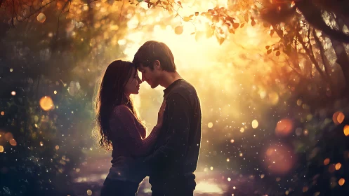 Luminous Embrace: Romantic Couple in Golden Hour Bokeh.