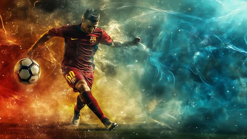 Football striker kicks ball through fiery and icy energy field