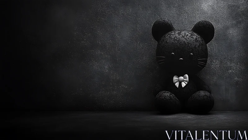 Velvet shadow bear with porcelain bow in moody gloom.