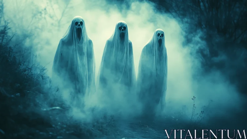 Triad of howling phantoms haunting a fog-drowned path.