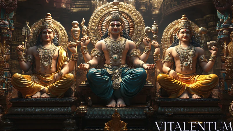 Digital painting of gilded Hindu deities on ornate throne triptych.