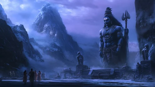 Colossal blue deity towers over misty Himalayan valley.