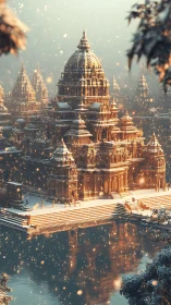 Snow covered temple complex reflects in still water
