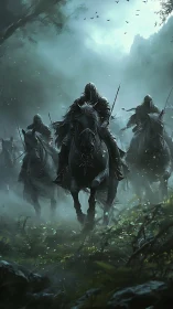 Armored cavalry charge through misted forest ravine at dawn