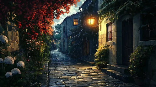 Cozy stone alley glowing softly under a gentle evening rain.