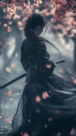 Blade and Blossom: Silent samurai drifting through petals.