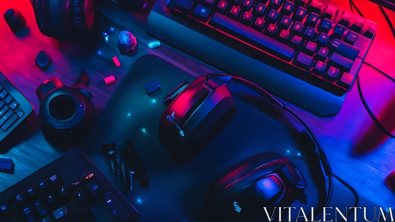 Gaming keyboard, mouse, and headset in blue red lighting.