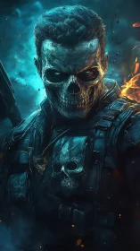 Tactical skull-faced soldier in blue orange volumetric lighting