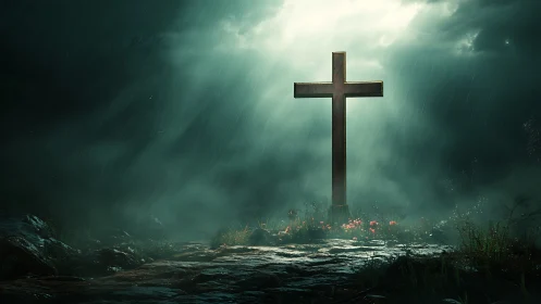 Soft rain falls around a glowing cross in a misty night