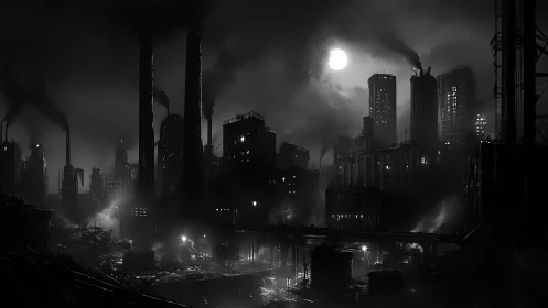 Moonlit smokestacks crown a haunted industrial metropolis.