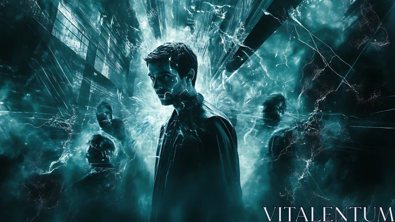 Cinematic teal portrait amid fractured glass and spectral figures.