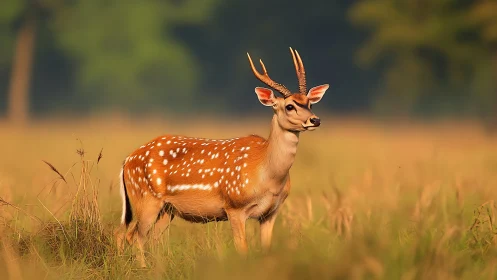 Spotted deer stands alert in golden grassland light.