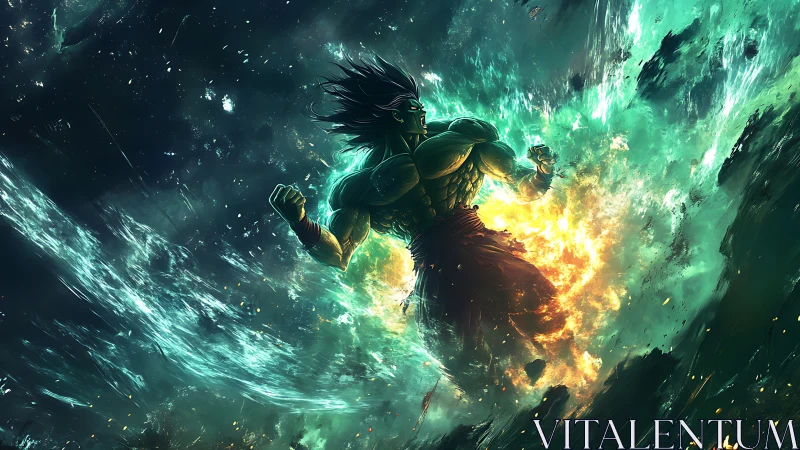 Storm-lit warrior ignites cosmic waves with fierce power.