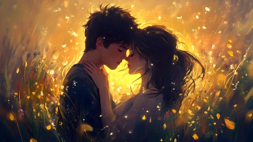 Two Hearts Glowing in a Golden Wildflower Field
