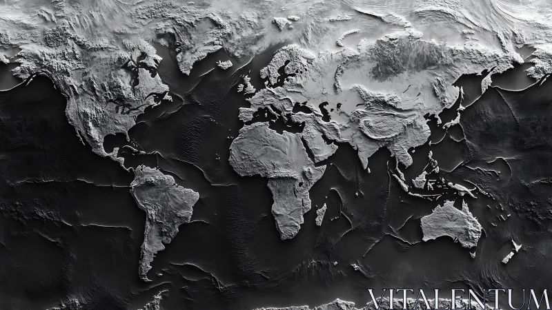 Global shaded-relief topographic world map with high-contrast depth cues