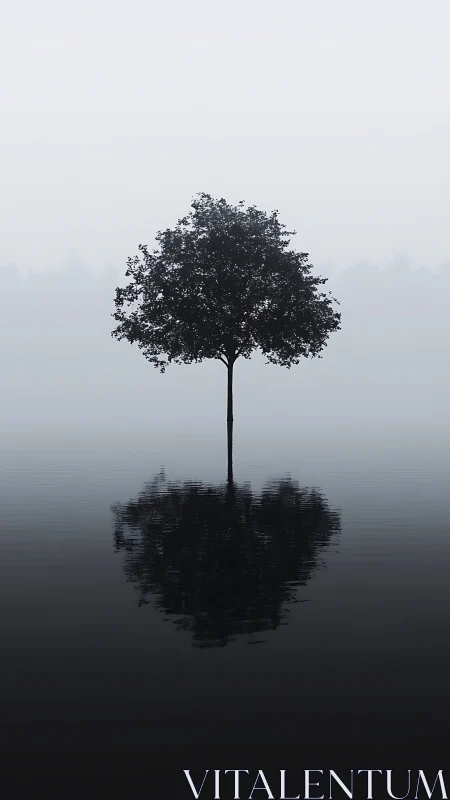 Solitary tree reflected in tranquil misty lake surface